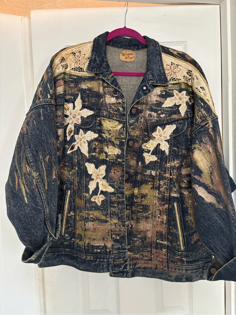 Vintage- Floral Appliqué Upcycled Denim Jacket